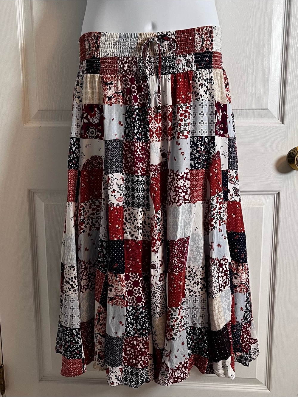 Monroe & Main Red Blue Mixed Print Patchwork Tiered Maxi Skirt Plus Size 1X